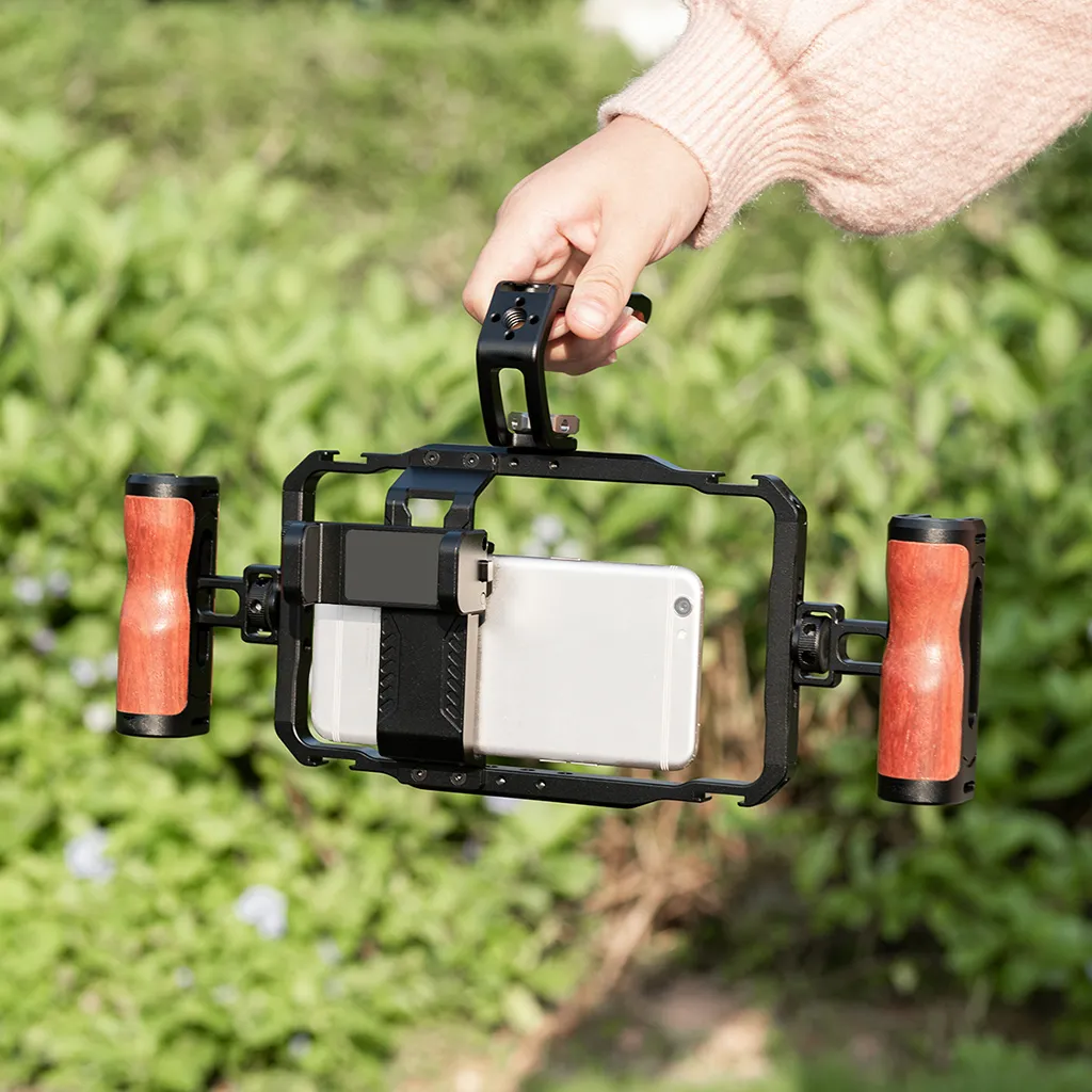 ⁦حامل ترايبود مع كيج للهواتف الذكية مع قبضة للحمل باليد مع مصباح LED على الجوانب⁩ - الصورة ⁦5⁩