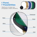 عاكس ضوء ريفليكتور من Xria للتصوير الفوتوغرافي – 90 × 120 سم، بيضاوي الشكل، قابل للطي، 7 في 1، مع أسطح: شفاف، فضي، ذهبي، أبيض، أسود، أخضر، أزرق، مع حقيبة – مثالي للاستوديو، الفيديو، البث المباشر، والتصوير الخارجي. - Image 7